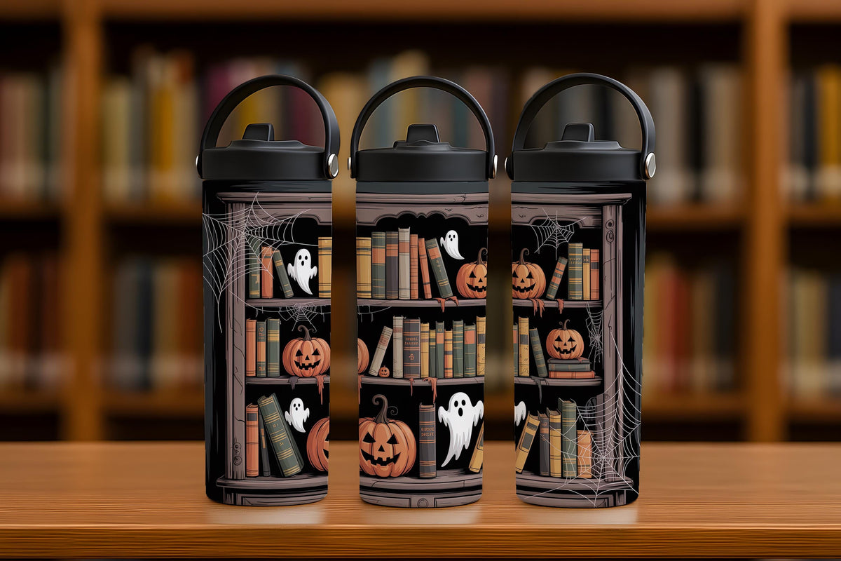 Spooky Library Tumbler With Foldable Straw, Cute Ghost Theme Book Lover Halloween Tumbler