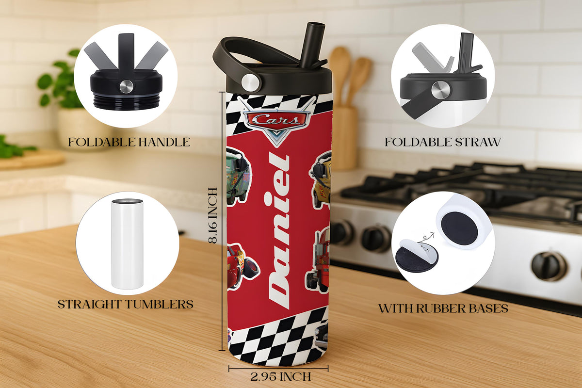 Customizable Car Cartoon Tumbler With Foldable Straw, Racing Checkered School Water Bottle