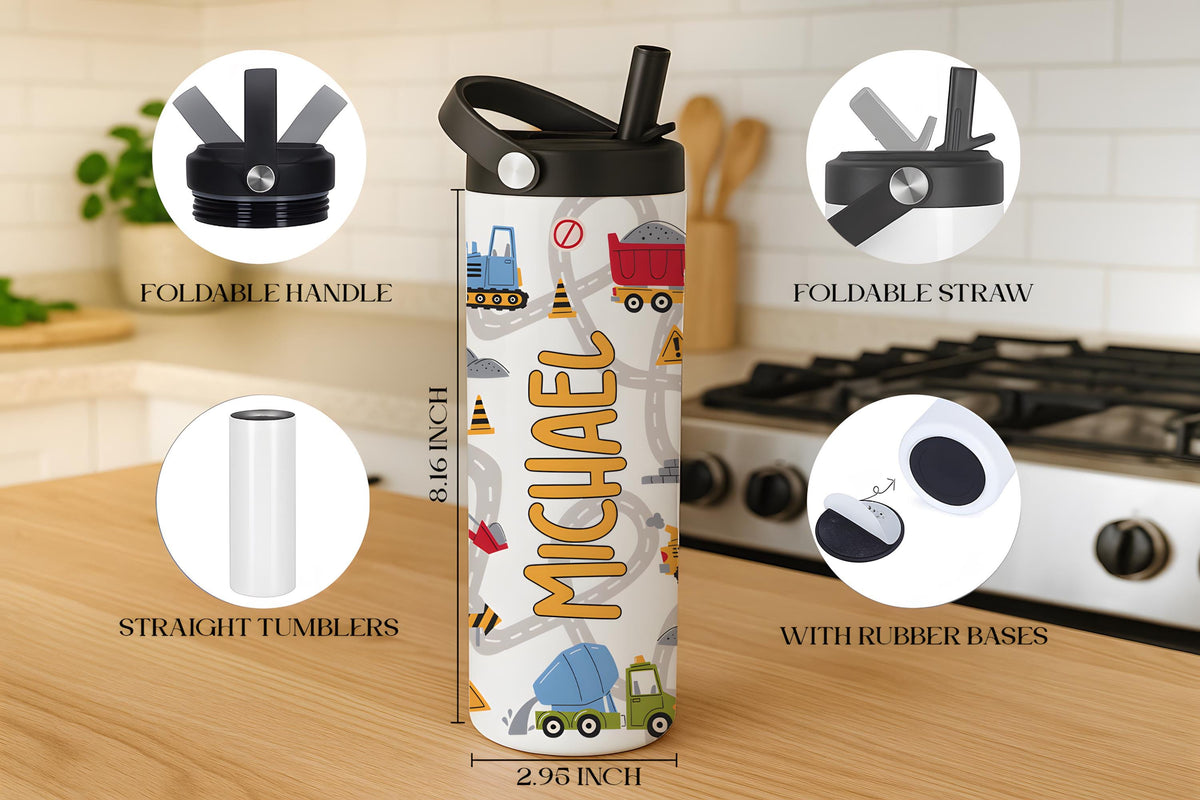 Custom Name Construction Theme Steel Water Bottle