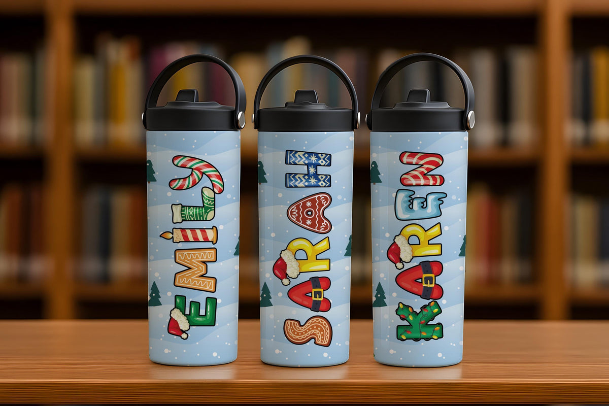 Custom Name Christmas Pattern Letters Kids Flask, Xmas Holiday Gift For School Tumbler