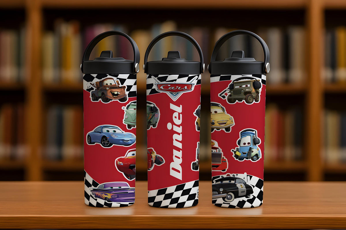 Customizable Car Cartoon Tumbler With Foldable Straw, Racing Checkered School Water Bottle
