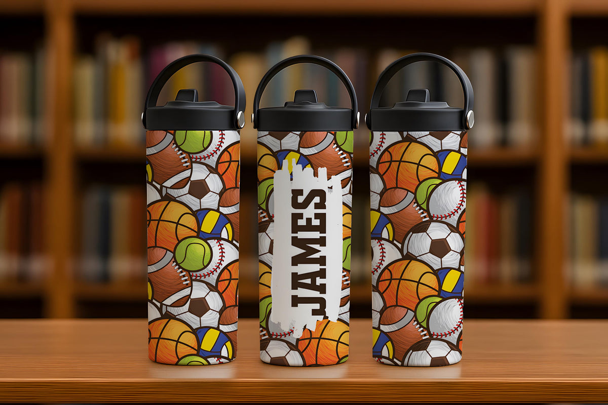 Custom Name Sports Ball Pattern Water Bottle
