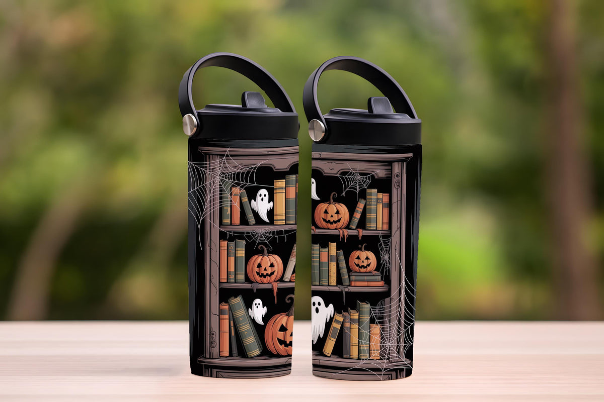 Spooky Library Tumbler With Foldable Straw, Cute Ghost Theme Book Lover Halloween Tumbler