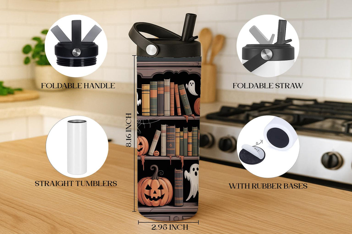 Spooky Library Tumbler With Foldable Straw, Cute Ghost Theme Book Lover Halloween Tumbler