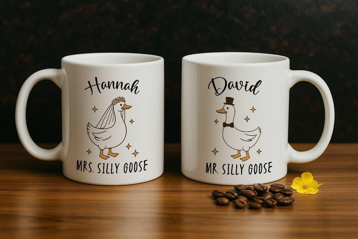 Customizable Mr And Mrs Silly Goose Design Coffee Mug, Bride And Groom Matching Ceramic Cup