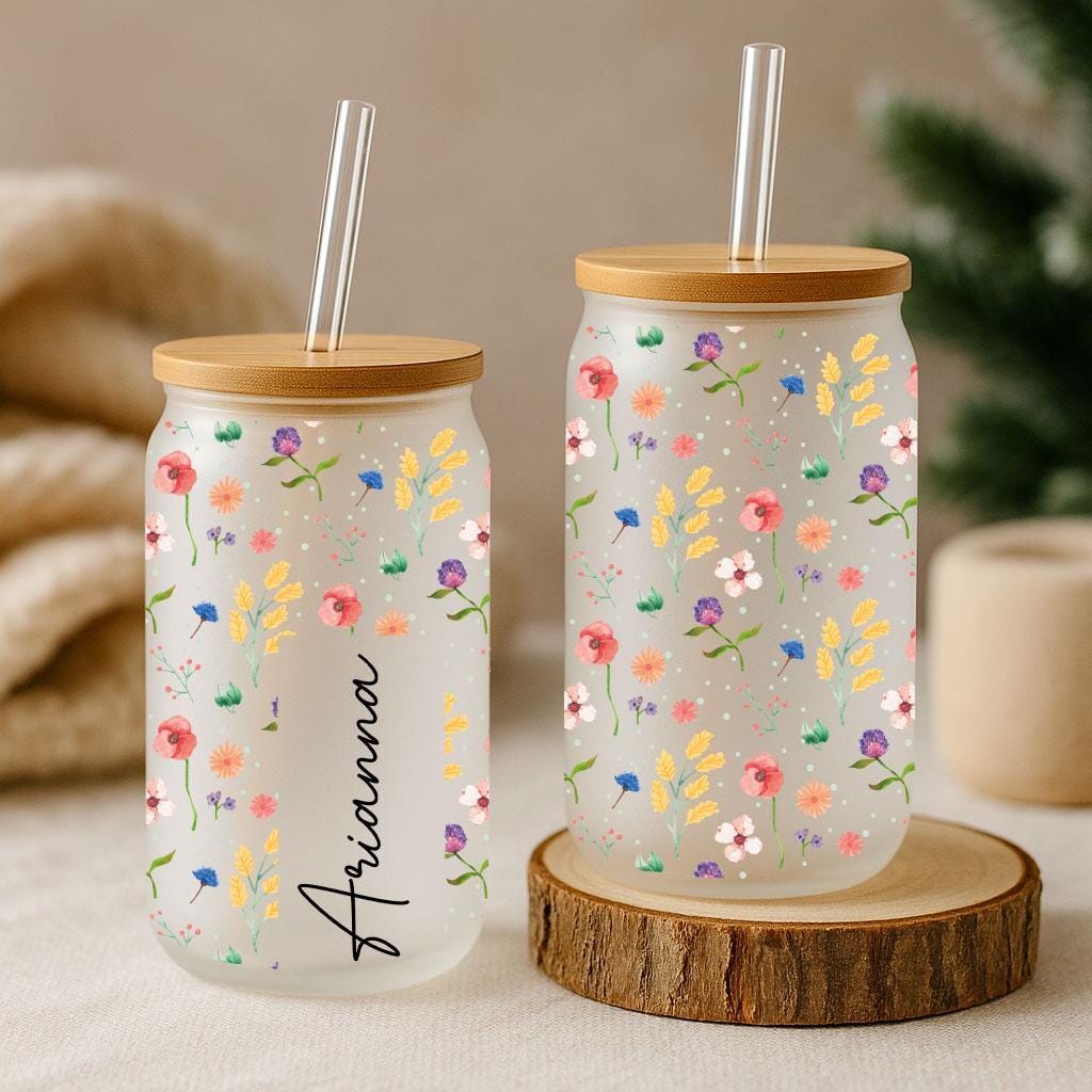 Custom Name Can Glass Tumbler, Colorful Flowers Printed Glass Cup