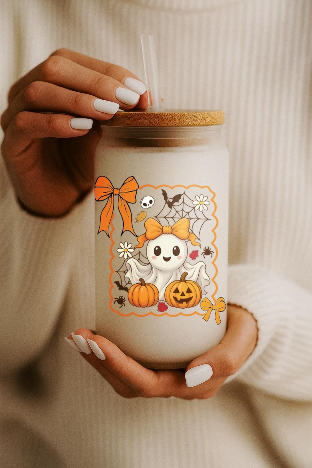 Cute Girly Ghost With Orange Coquette Design Glass Cup