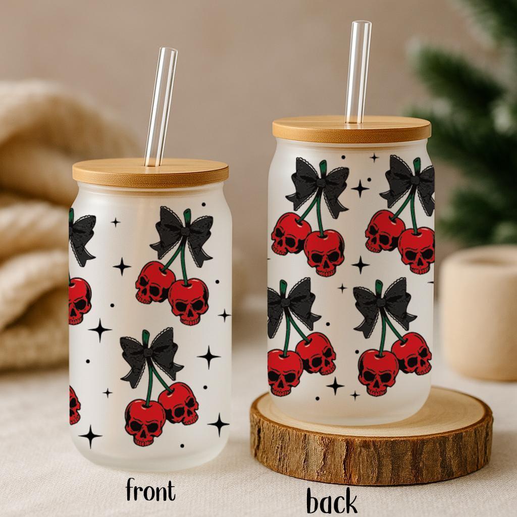 Cherry Skulls Can Glass Tumbler, Gothic Halloween Party Beer Can Glass