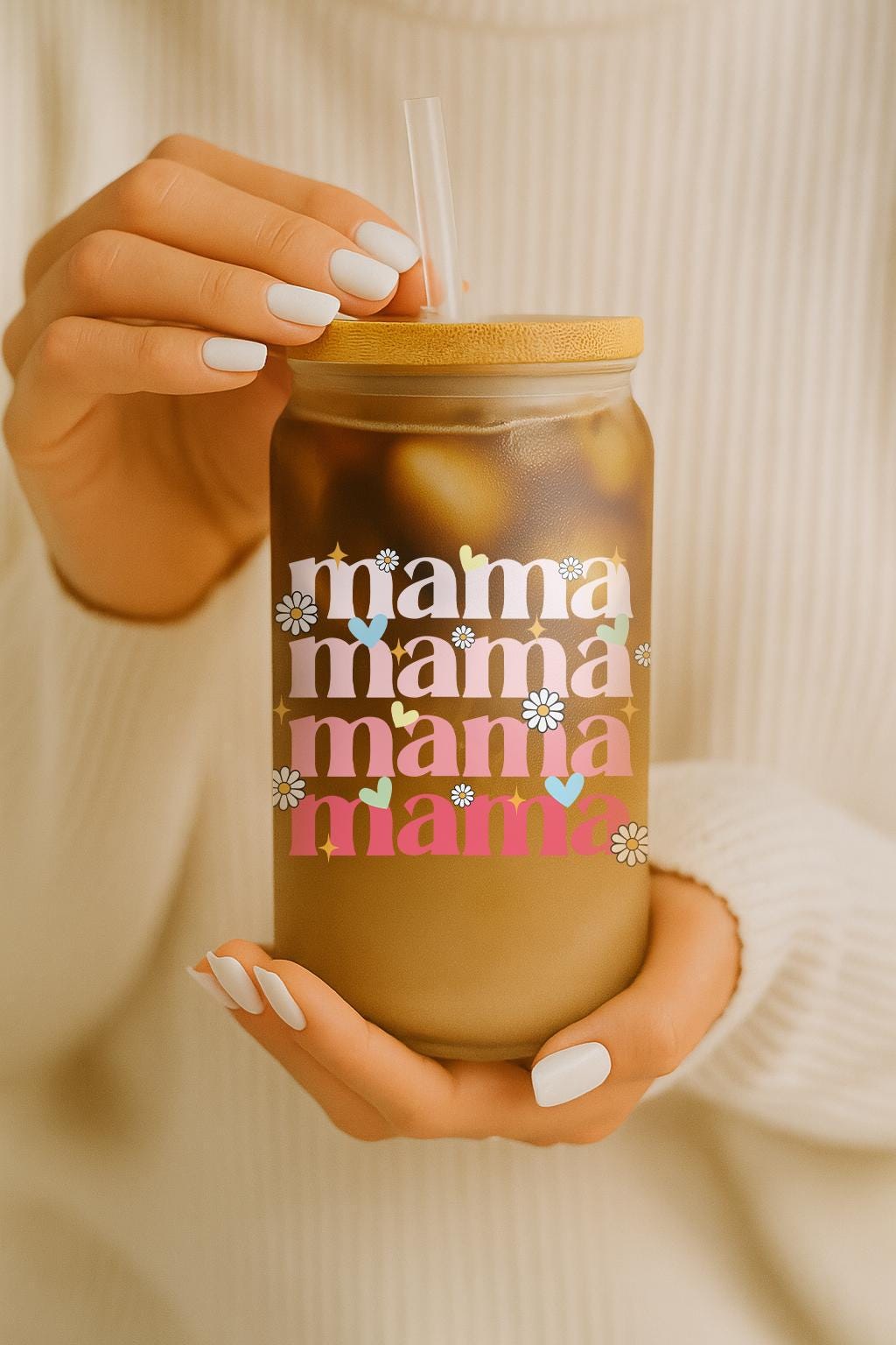 Mama Can Glass Tumbler, Floral Mother's Day Gift Bamboo Lid And Straw Tumbler