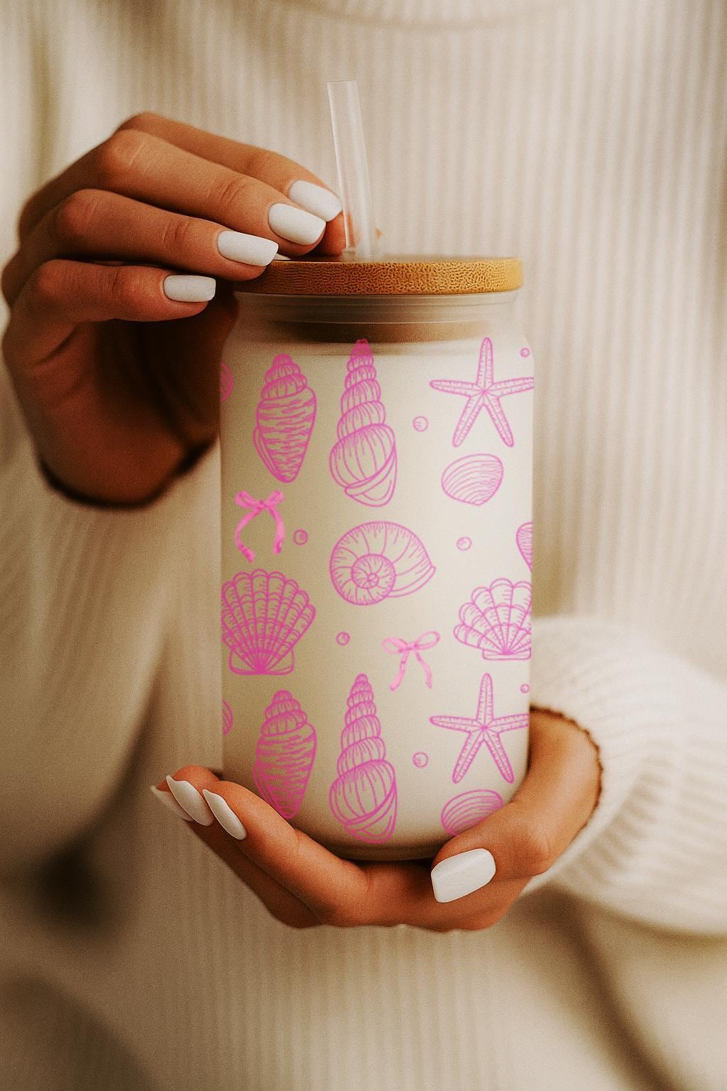 Aesthetic Pink Seashells Design Bamboo Lid & Straw Tumbler, Trendy Summer Vibes Iced Coffee Cup