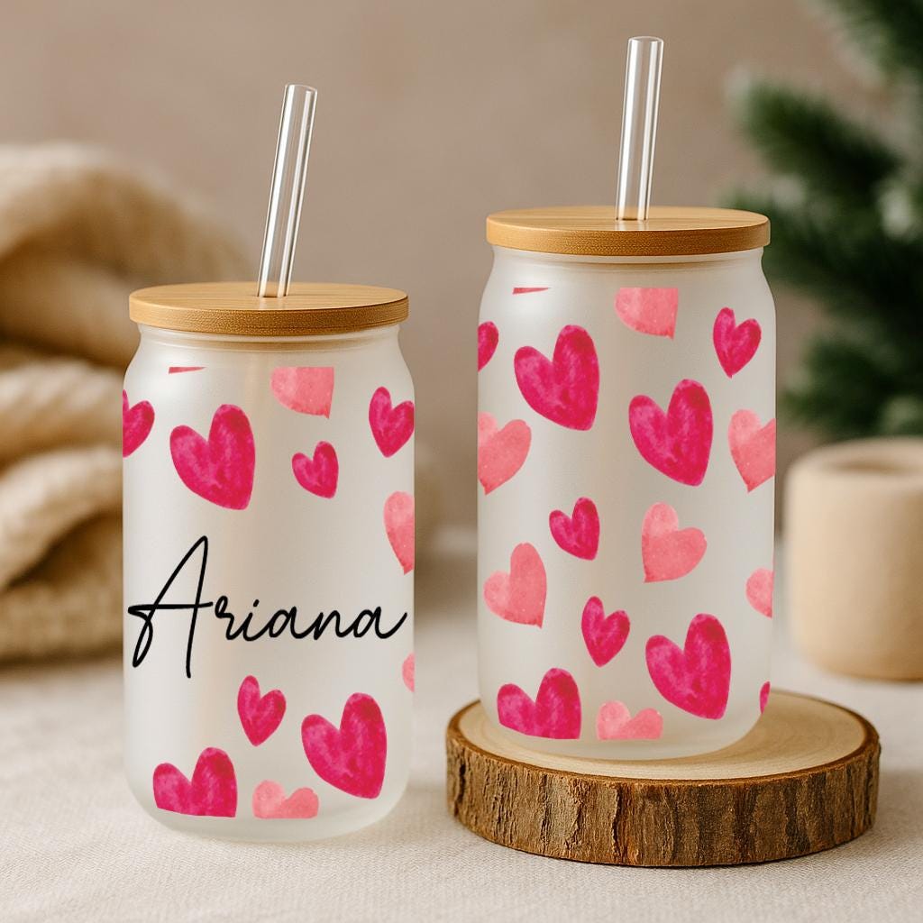 Custom Name Iced Coffee Cup, Hearts Printed Reusable Can Glass