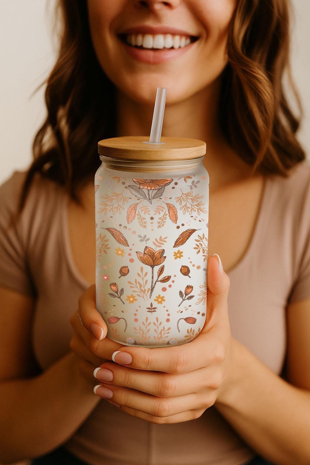 Aesthetic Floral Can Glass Tumbler, Colorful Wild Flowers Designed Iced Coffee Cup