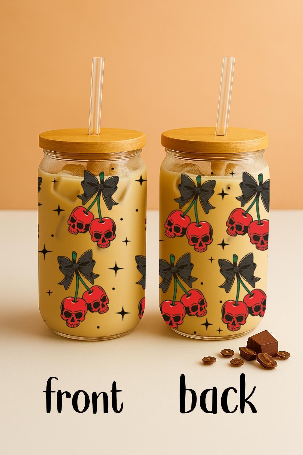 Cherry Skulls Can Glass Tumbler, Gothic Halloween Party Beer Can Glass