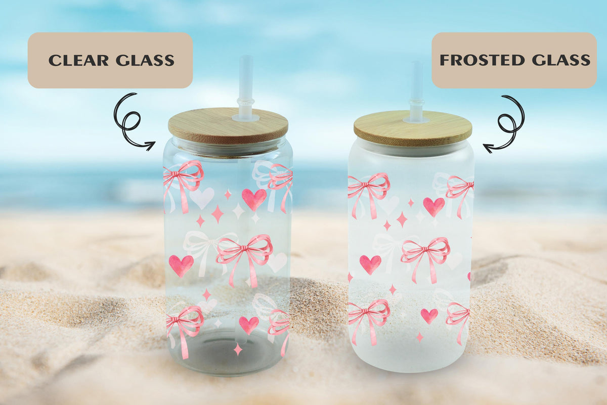 Pink Bows And Hearts Glass Tumbler, Cute Aesthetic Drinkware, Girly Iced Coffee Cup