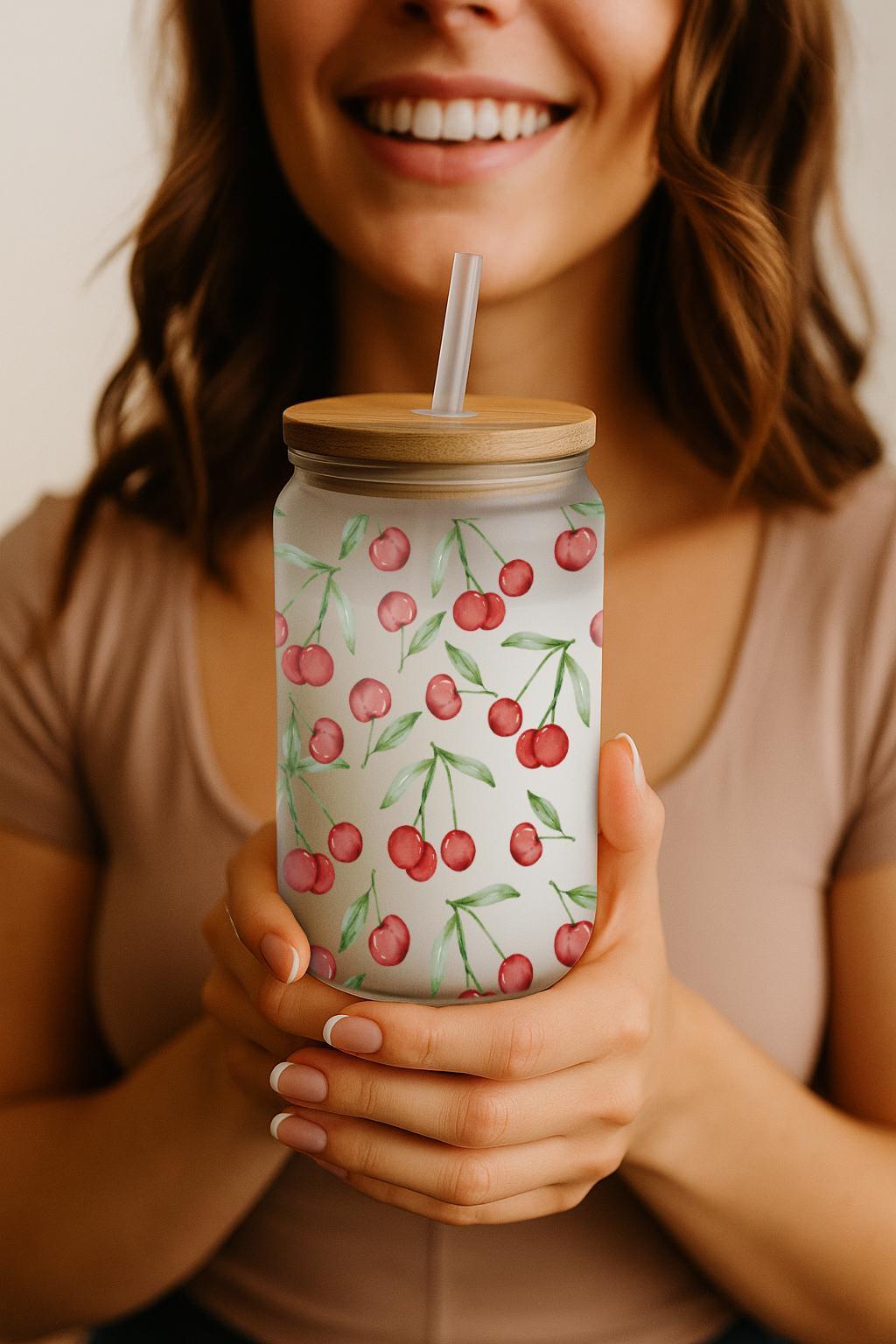Cute Cherry Can Glass Tumbler, Trendy Iced Coffee Cup