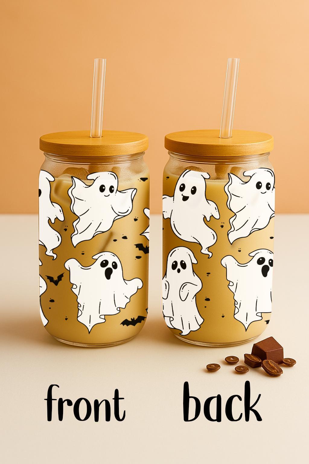 Cute Ghosts And Bats Design Iced Coffee Cup, Halloween Inspired Can Glass Tumbler