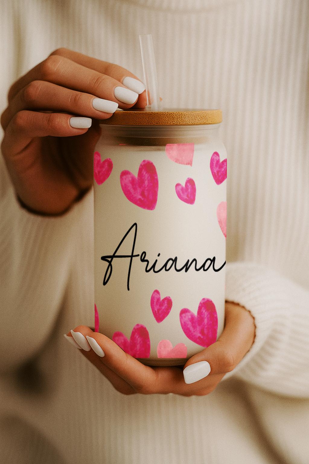 Custom Name Iced Coffee Cup, Hearts Printed Reusable Can Glass