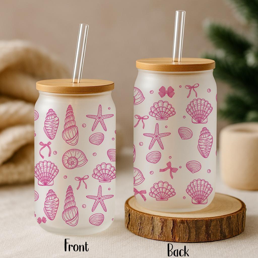 Aesthetic Pink Seashells Design Bamboo Lid & Straw Tumbler, Trendy Summer Vibes Iced Coffee Cup