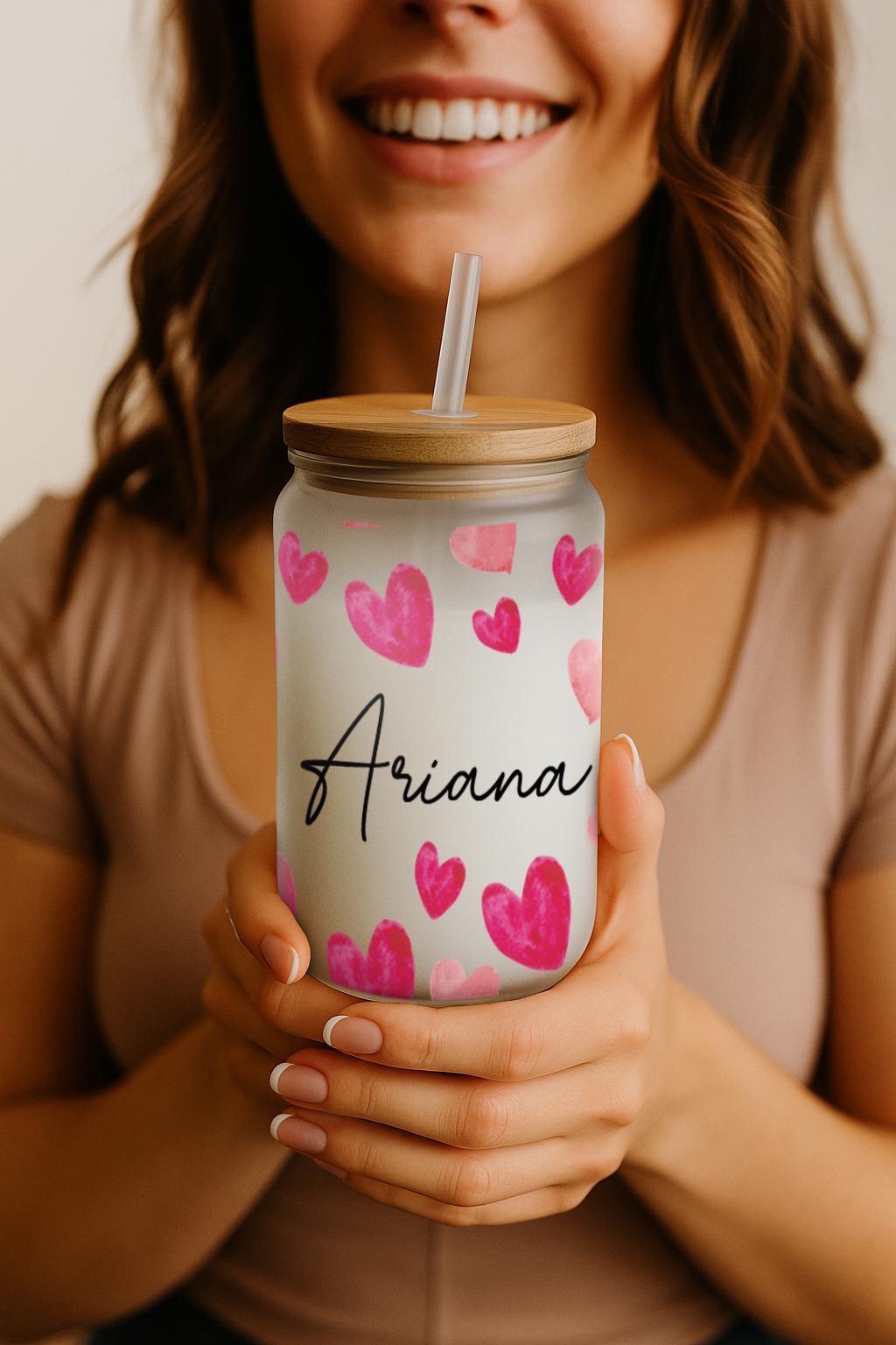 Custom Name Iced Coffee Cup, Hearts Printed Reusable Can Glass