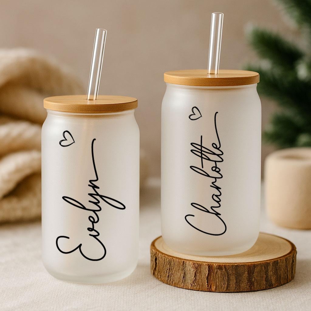 Custom Name With Small Heart Can Glass Tumbler, Personalized Iced Coffee Cup