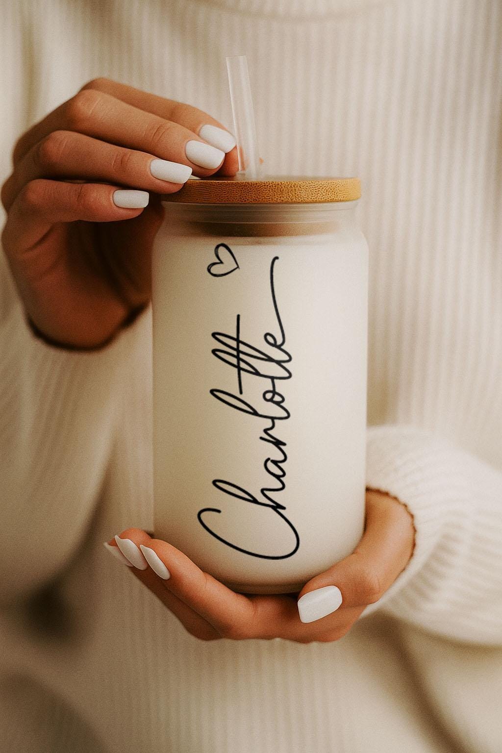 Custom Name With Small Heart Can Glass Tumbler, Personalized Iced Coffee Cup