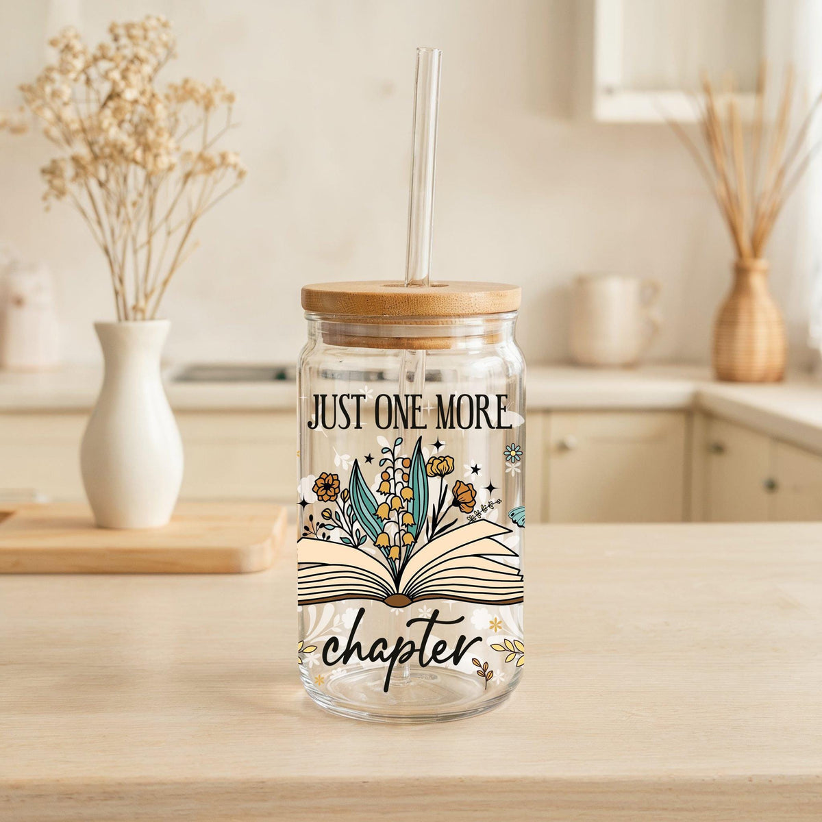 Floral Just One More Chapter Can Glass Tumbler, Cute Book Enthusiasts Iced Coffee Cup