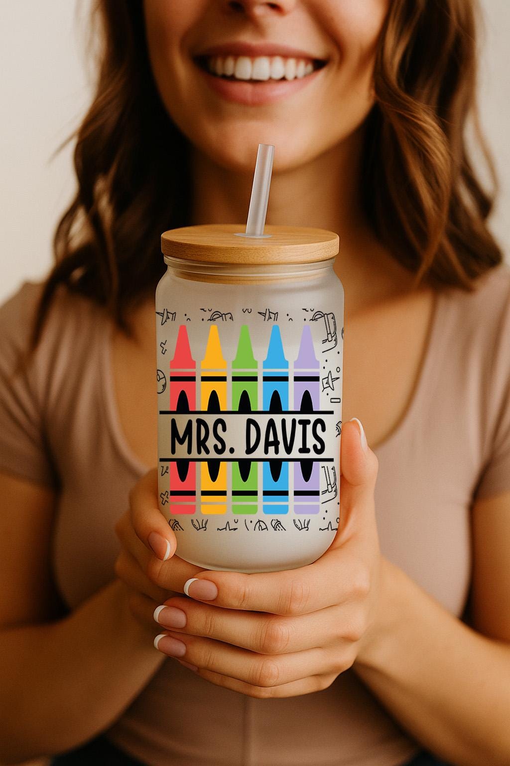Personalized Teachers Name Can Glass Tumbler, Rainbow Crayons Teacher Iced Coffee Cup
