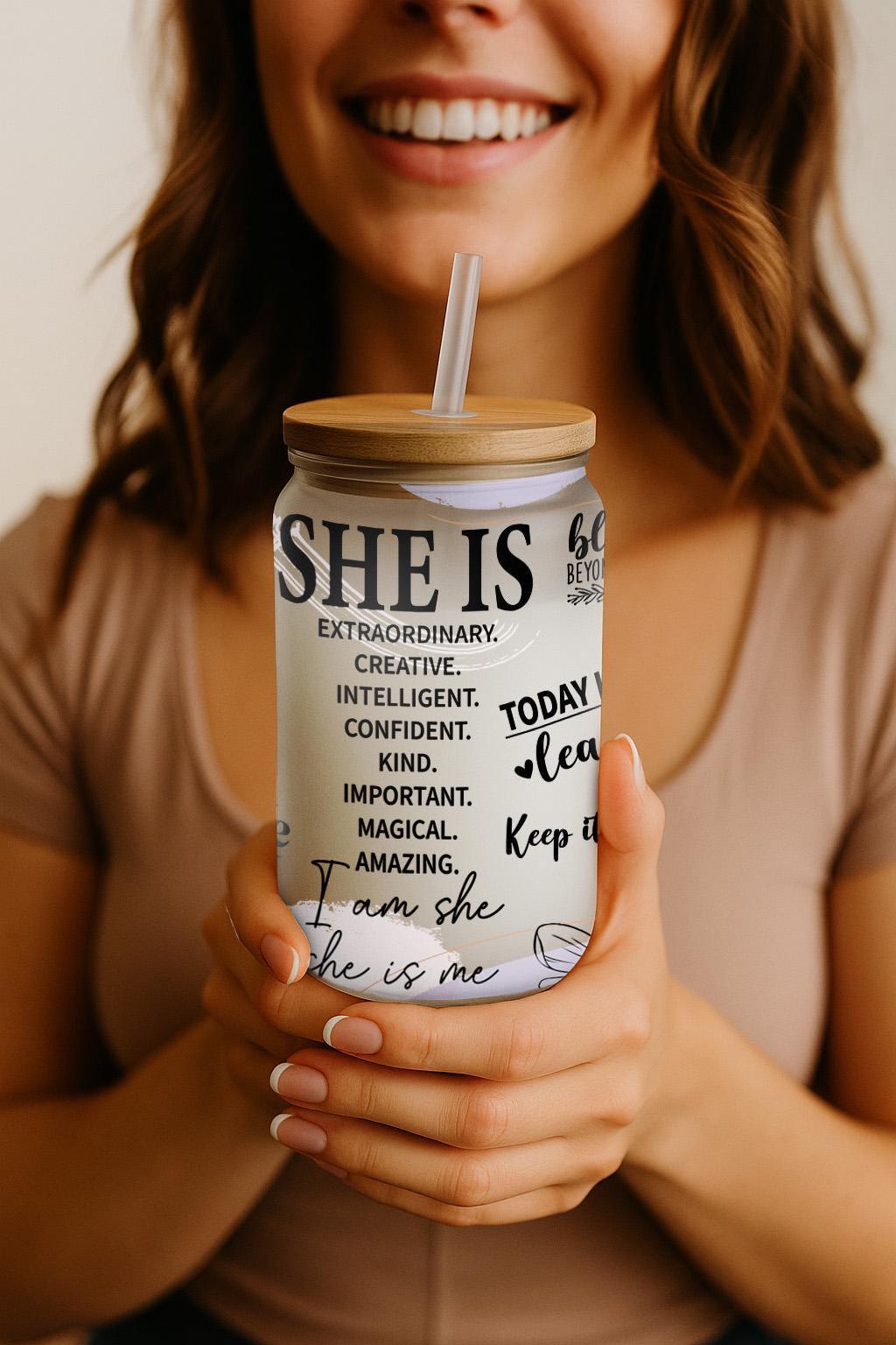 She Is Adjectives Sipper Glass Cup, Self Motivation Can Glass Tumbler