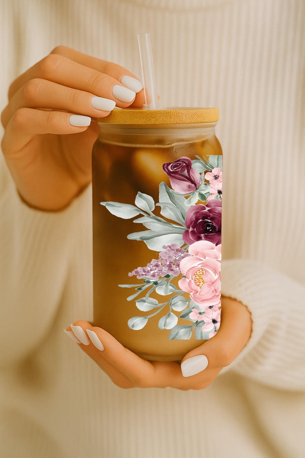 Mom Life, Best Life Glass Can Tumbler, Floral Ice Coffee Lover Mom Glass Cup