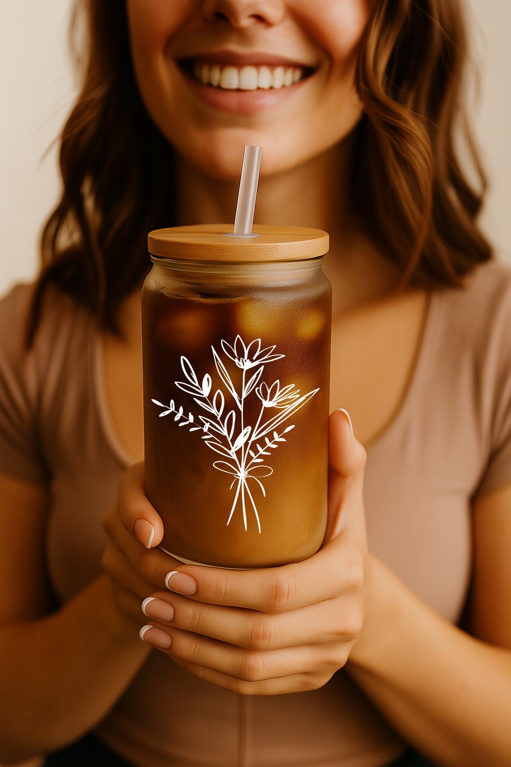 Wild Flowers Bouquet Iced Coffee Cup, Floral Themed Can Glass Tumbler