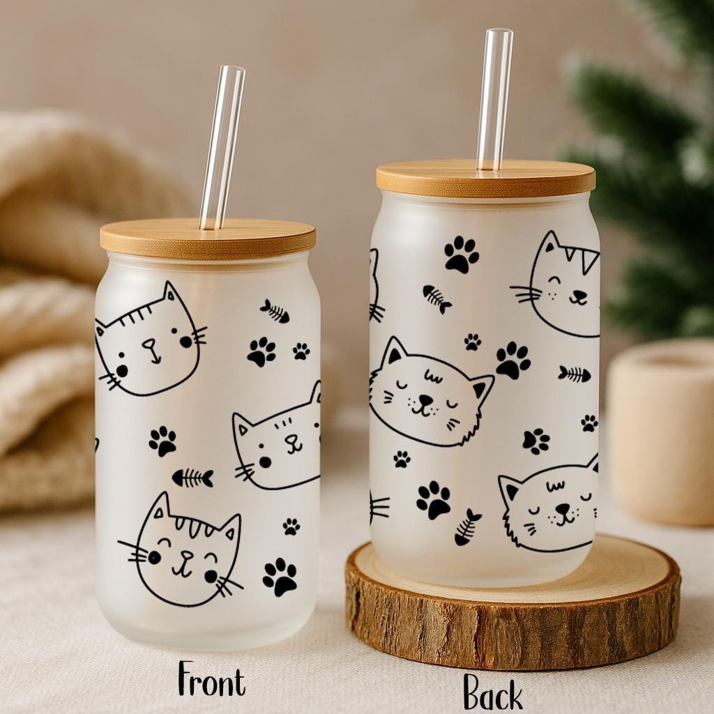 Cute Cat Faces With Paw Marks And Fish Bones Glass Cup, Cat Lovers Gift Can Glass Tumbler