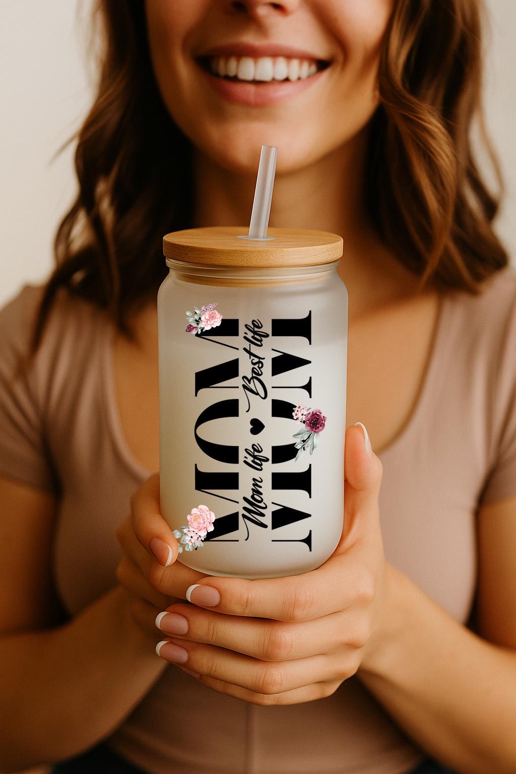 Mom Life, Best Life Glass Can Tumbler, Floral Ice Coffee Lover Mom Glass Cup