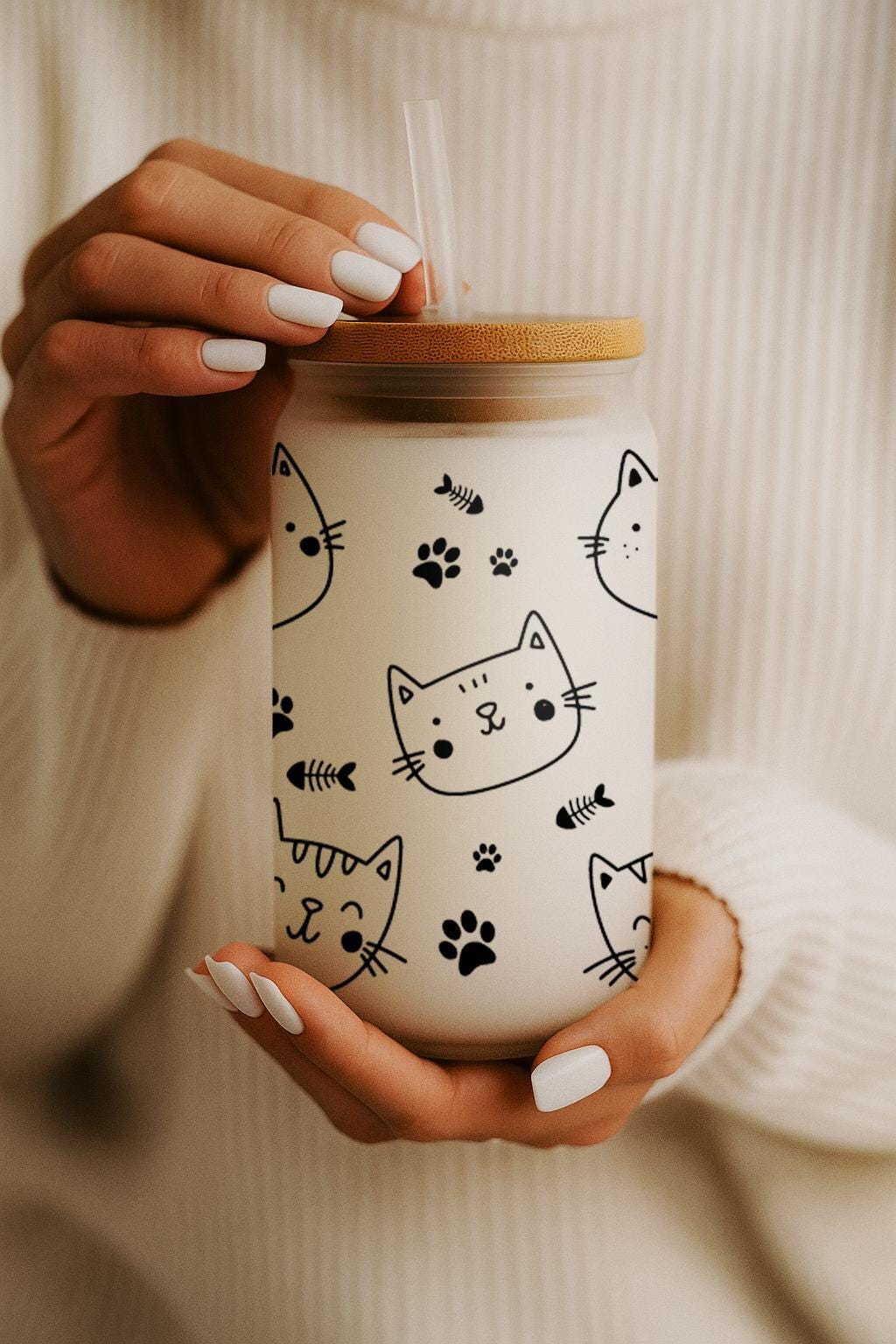 Cute Cat Faces With Paw Marks And Fish Bones Glass Cup, Cat Lovers Gift Can Glass Tumbler
