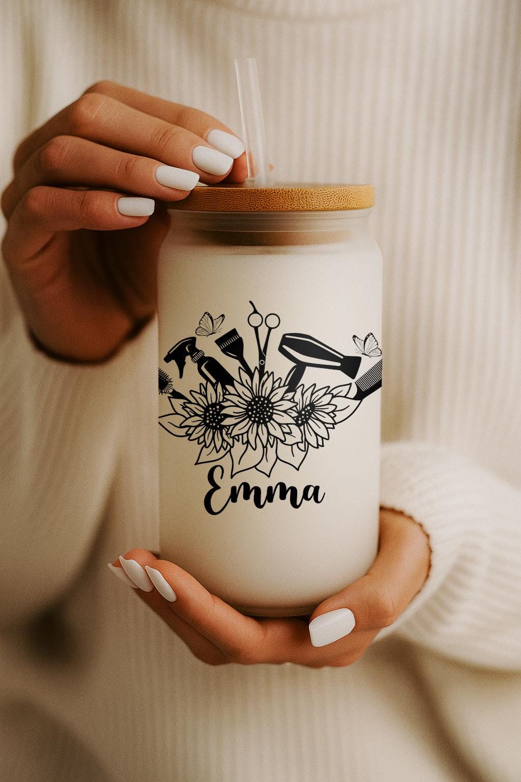 Personalized Hairdresser Can Glass Tumbler, Floral Hair Stylist Iced Coffee Cup