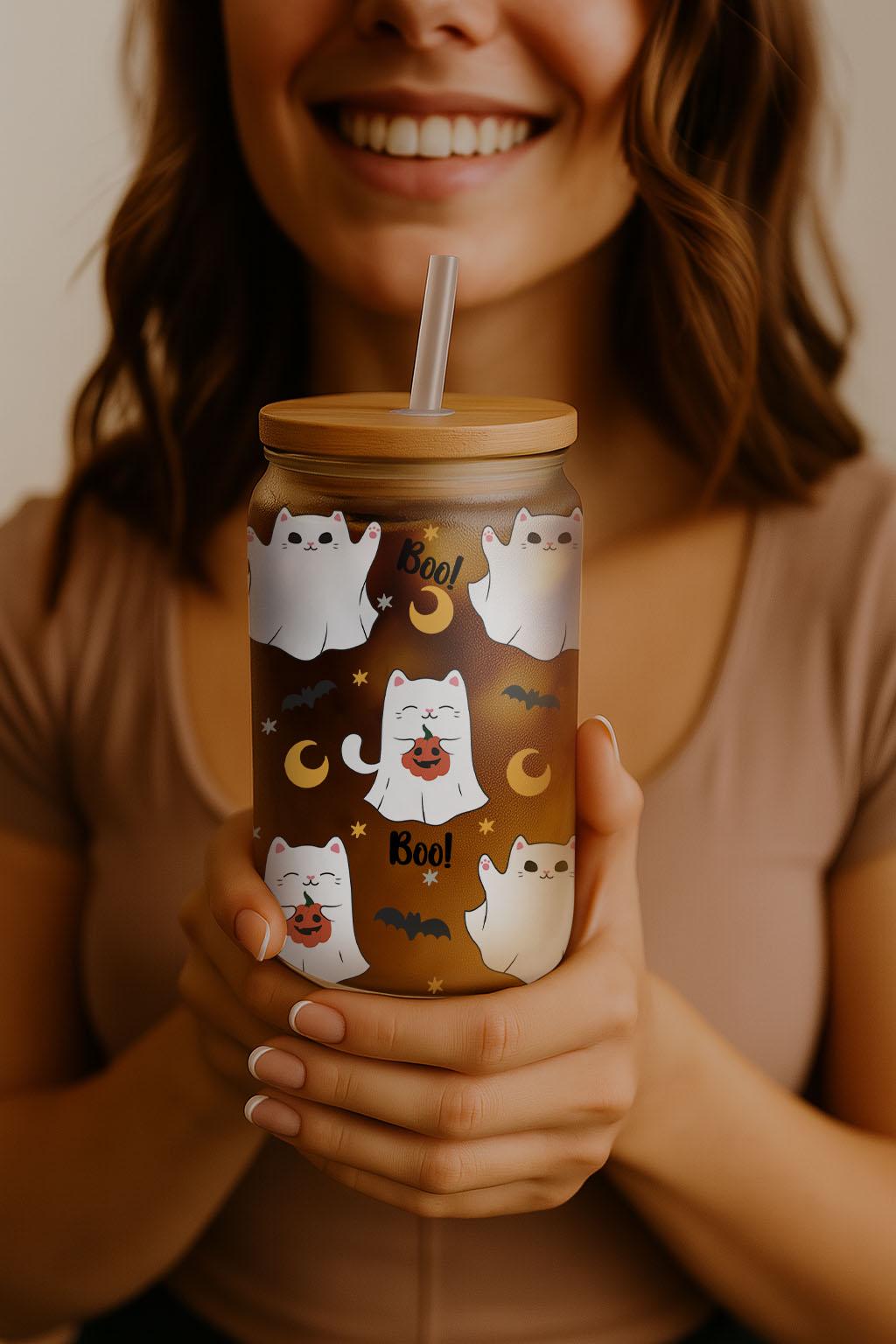 Ghost Cats Boo Halloween Glass Tumbler, Cat Lovers Cute Halloween Can Glass Cup