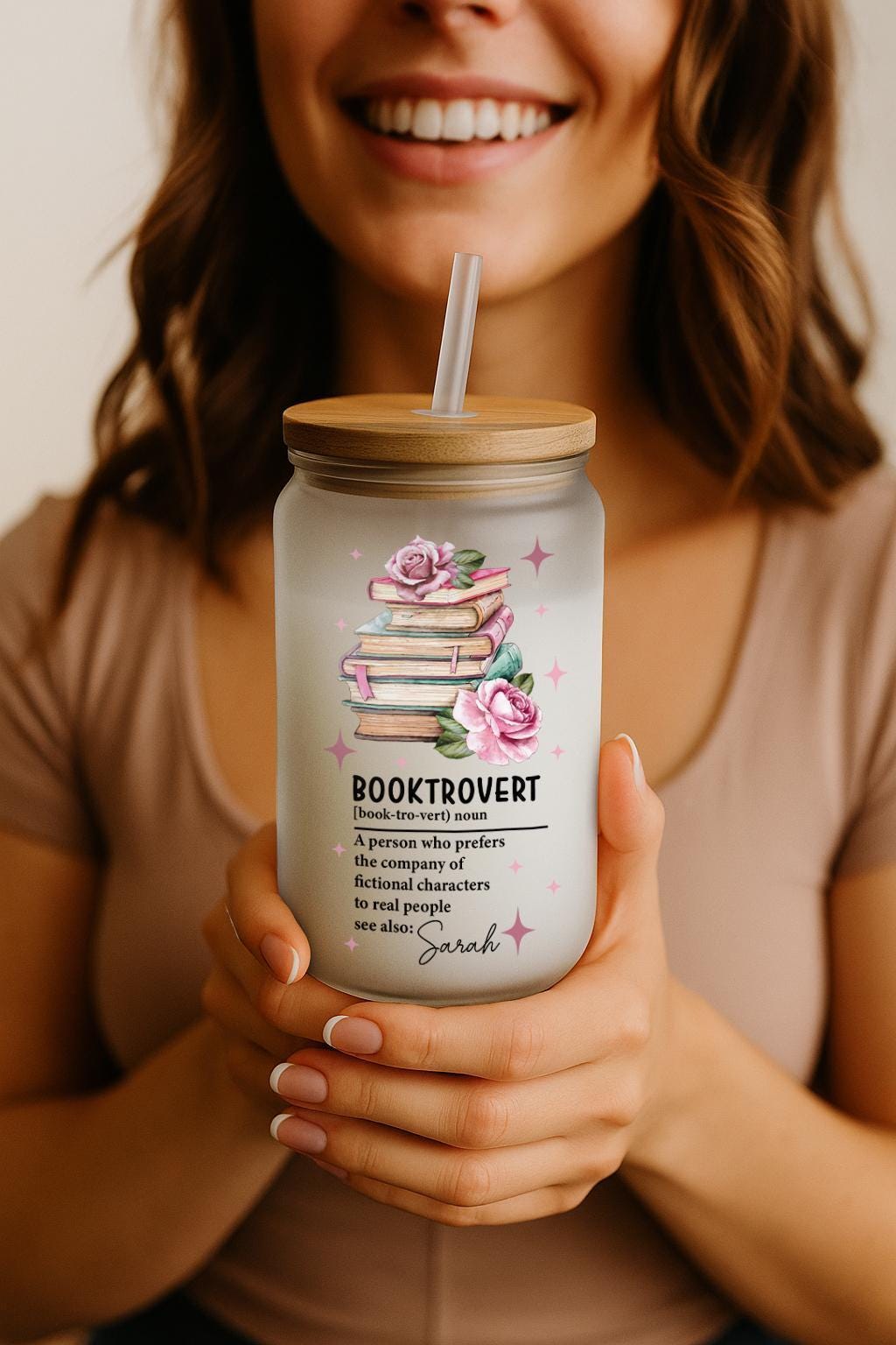 Customizable Booktrovert Glass Cup, Floral Book Worm Iced Coffee Cup