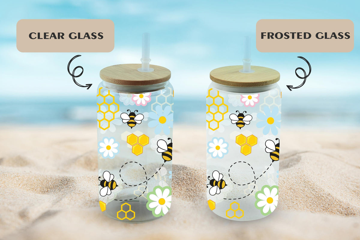 Honey Bee Glass Tumbler, Honeycomb Iced Coffee Cup, Cute Bee And Daisy Can Glass