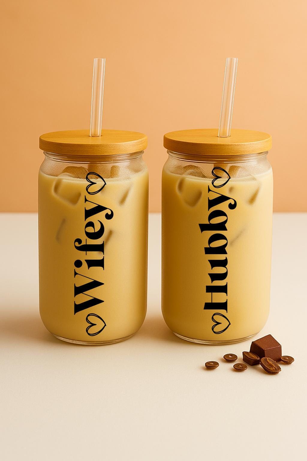 Wifey & Hubby Married Couple Glass Can Mug, Newly Wed Glass Tumbler, Matching Wife Husband Gift