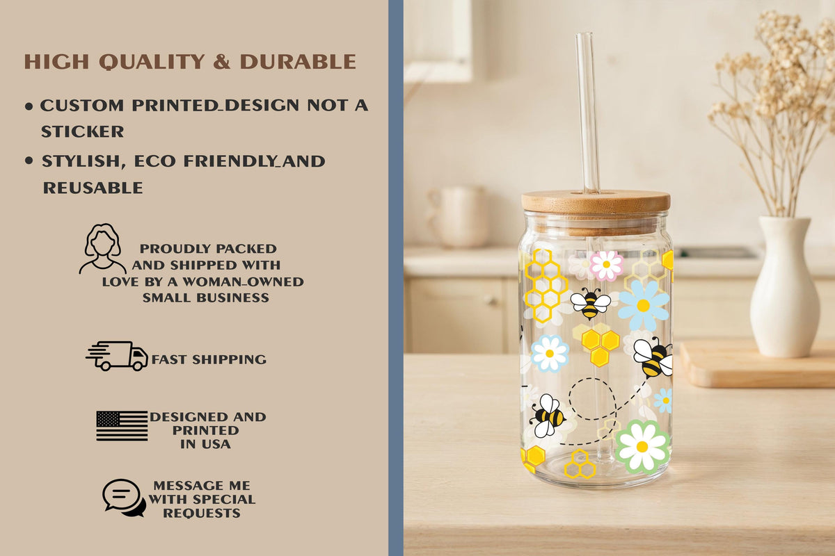 Honey Bee Glass Tumbler, Honeycomb Iced Coffee Cup, Cute Bee And Daisy Can Glass