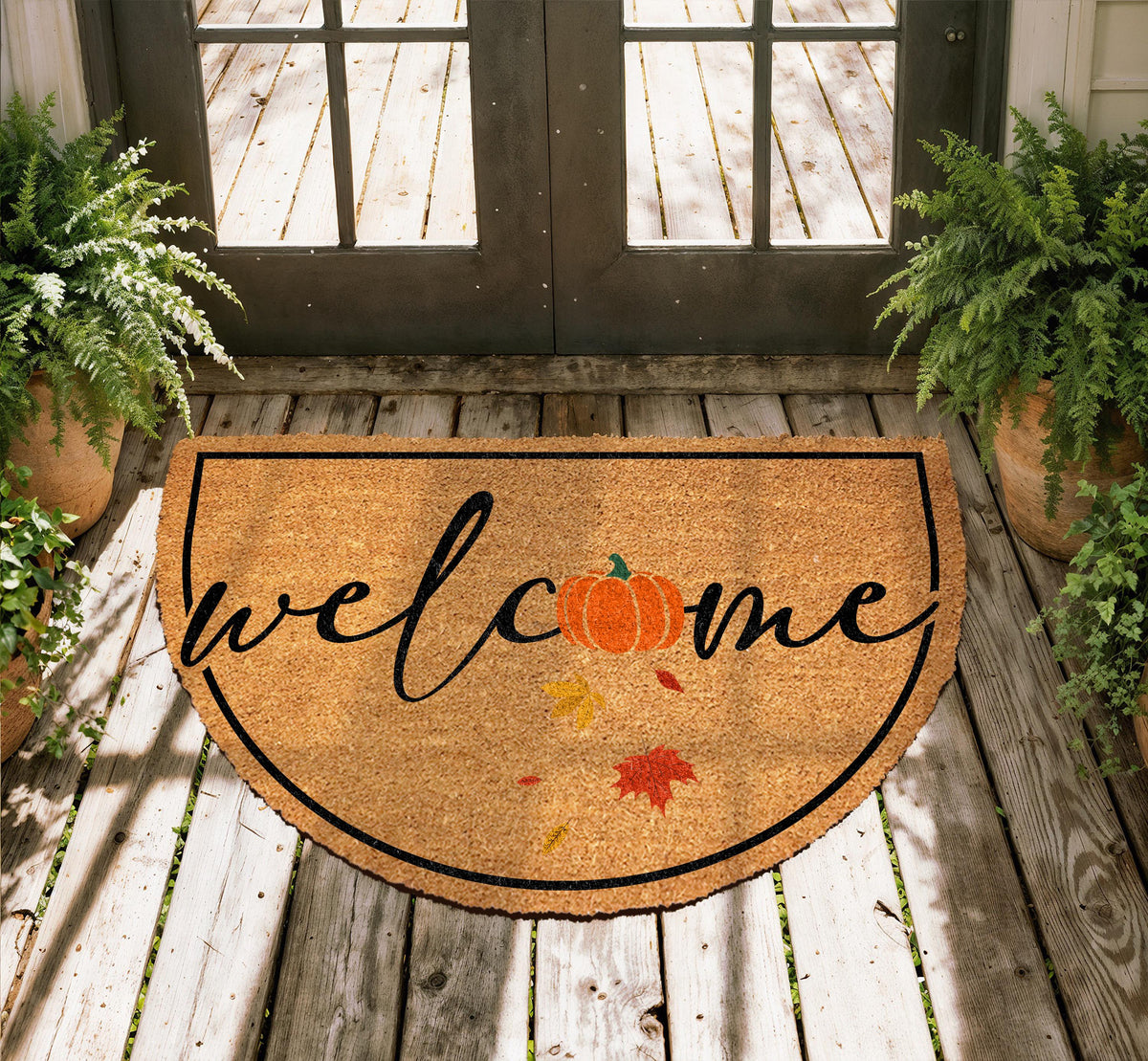 Pumpkin Welcome Doormat, Autumn Leaves Home Entrance Decor, Thanksgiving Front Porch Coir Rug