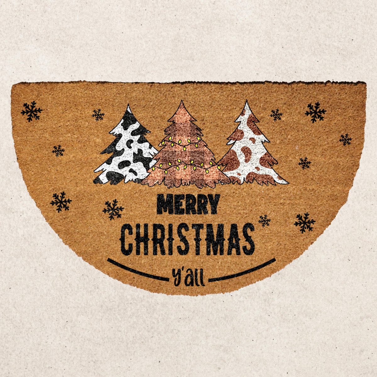 Merry Christmas Y'all Doormat, Cow Print Christmas Tree Welcome Mat, Rustic Xmas Home Decor