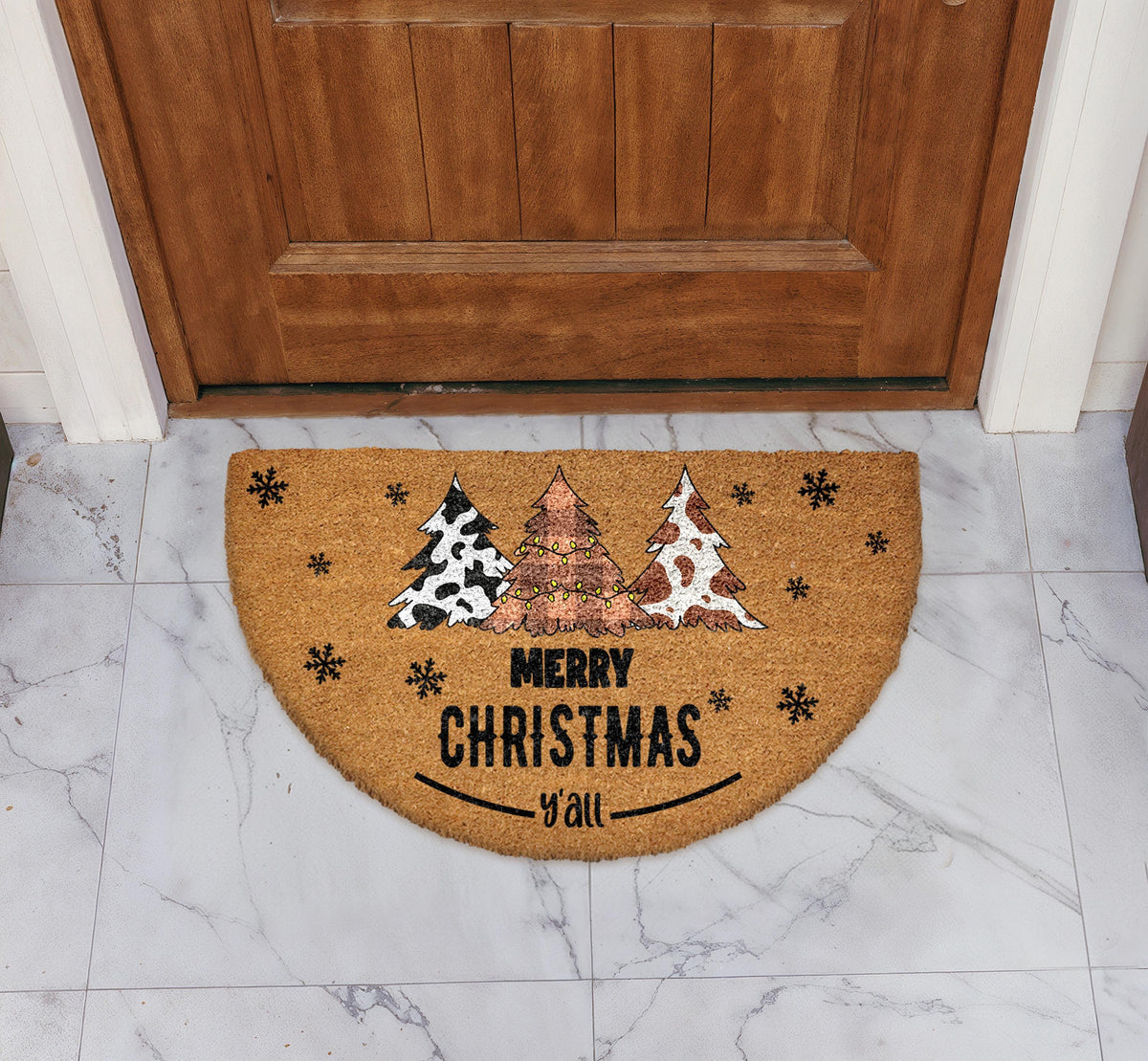 Merry Christmas Y'all Doormat, Cow Print Christmas Tree Welcome Mat, Rustic Xmas Home Decor