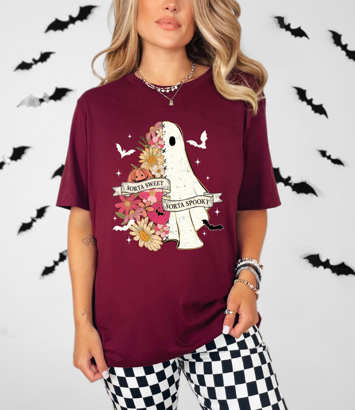 Cute Ghost Halloween T-Shirt, Sorta Sweet Sorta Spooky Shirt, Floral Spooky Season Tee, Girl Pumpkin Sweatshirt
