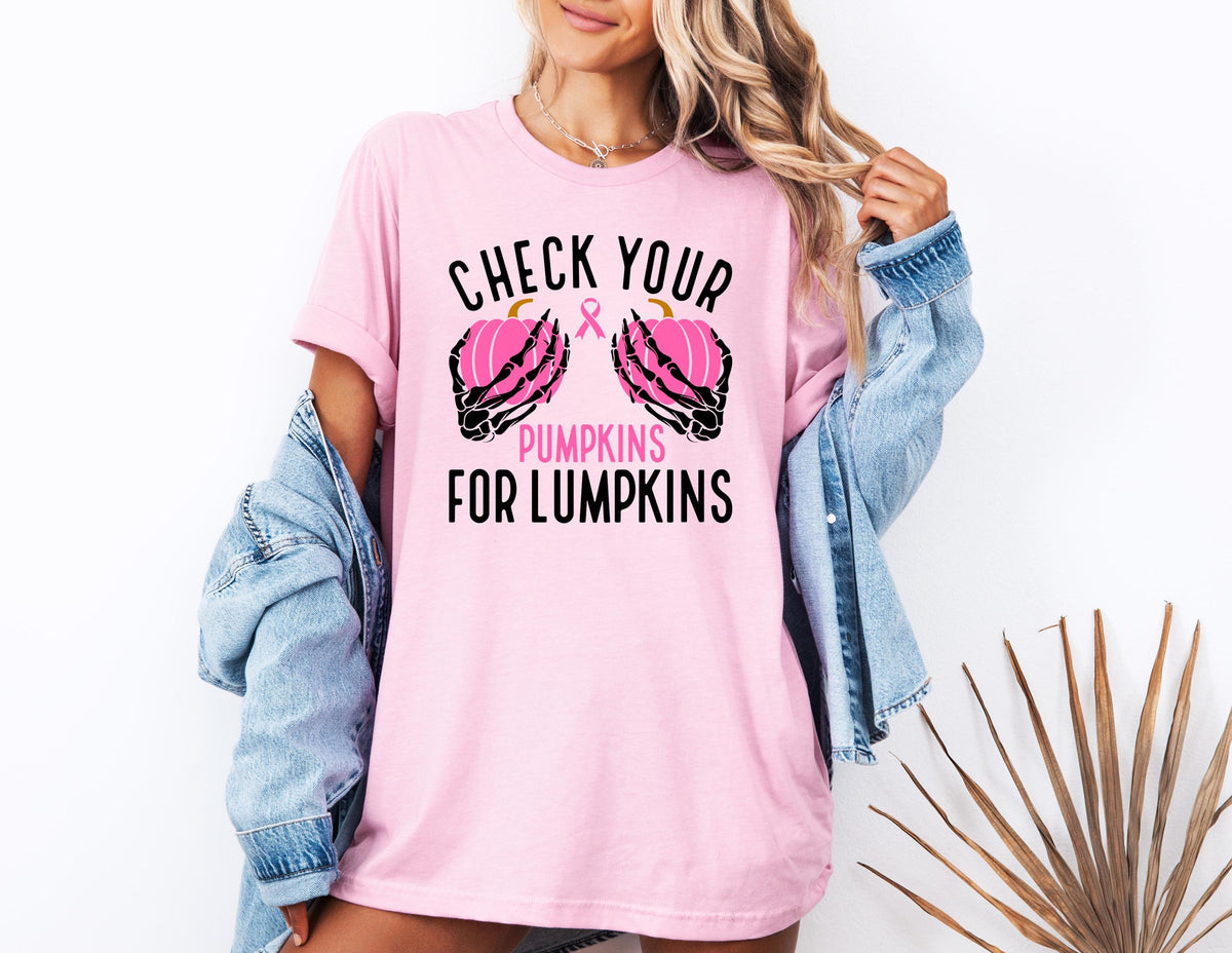 Breast Cancer T-shirt, Check Your Pumpkins For Lumpkins Shirt, Pink Pumpkin Tee, Breast Cancer Awareness Gift, Pink Ribbon Sweatshirt