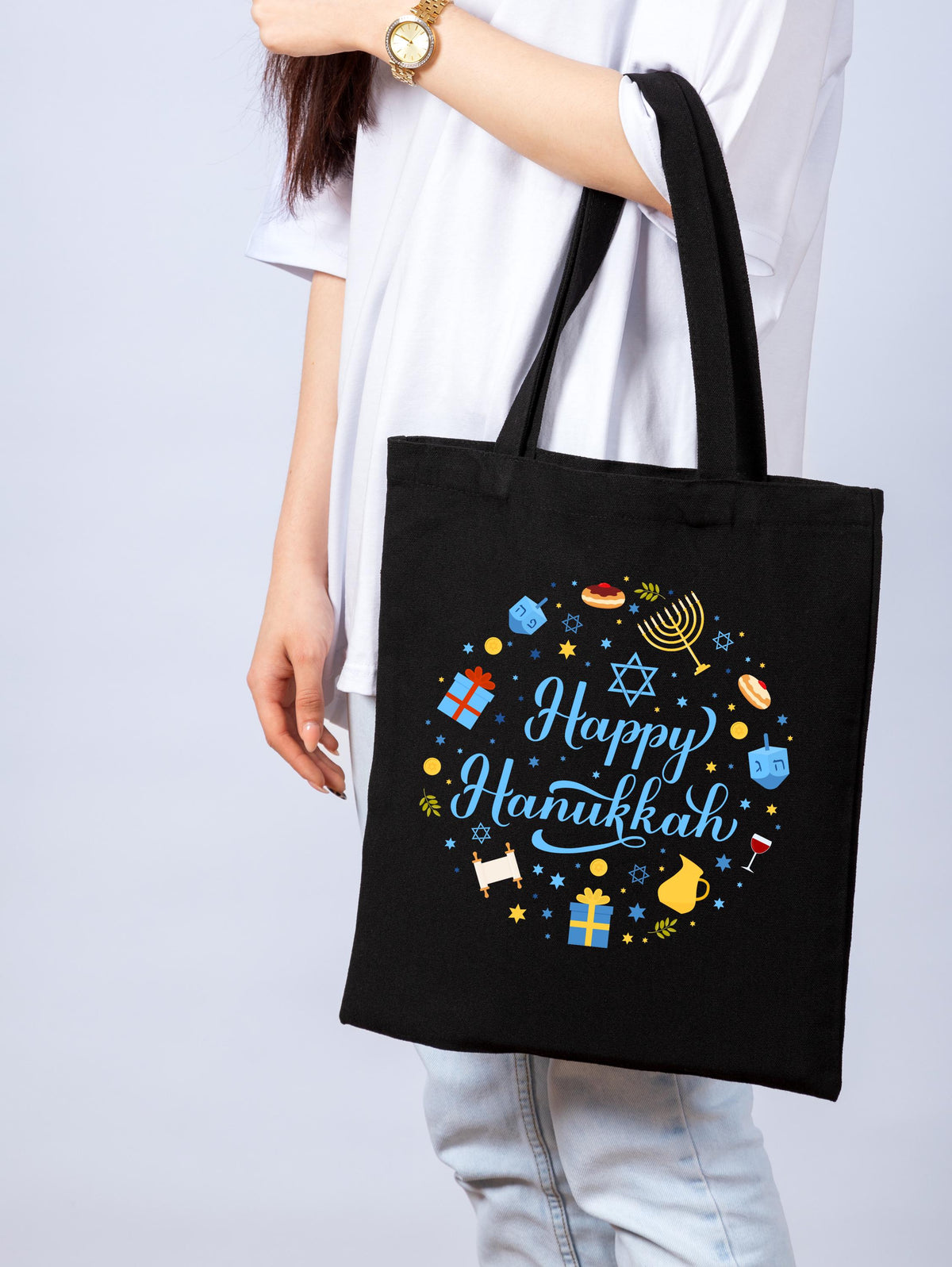 Happy Hanukkah Tote Bag, Rosh Hashanah Tote, Jewish Reusable Bag Gift, Jewish Holiday Bag, Hanukkah Celebration Tote Bag