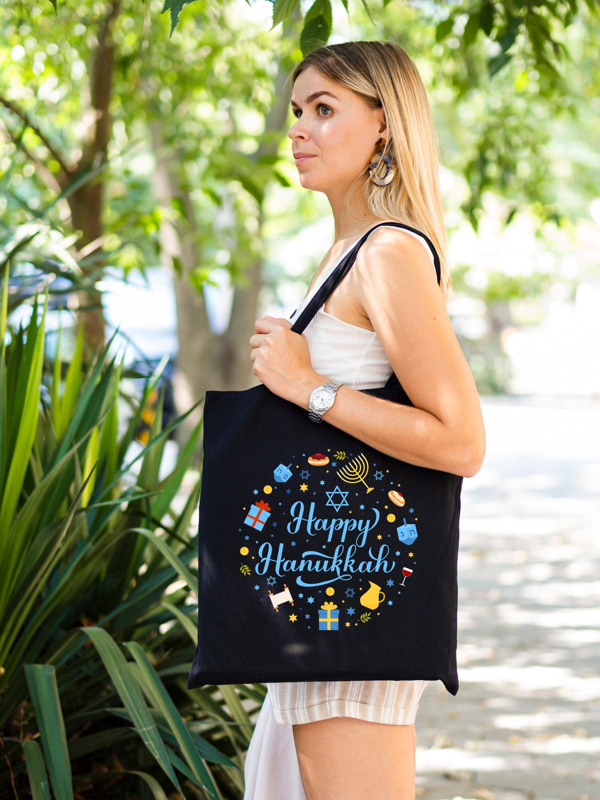 Happy Hanukkah Tote Bag, Rosh Hashanah Tote, Jewish Reusable Bag Gift, Jewish Holiday Bag, Hanukkah Celebration Tote Bag