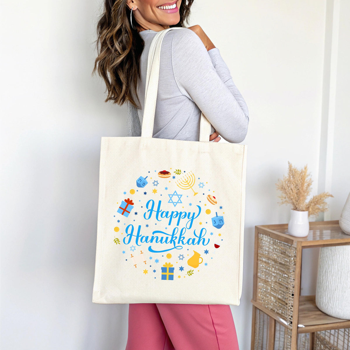 Happy Hanukkah Tote Bag, Rosh Hashanah Tote, Jewish Reusable Bag Gift, Jewish Holiday Bag, Hanukkah Celebration Tote Bag