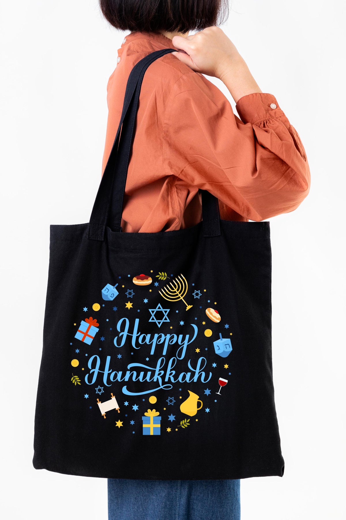 Happy Hanukkah Tote Bag, Rosh Hashanah Tote, Jewish Reusable Bag Gift, Jewish Holiday Bag, Hanukkah Celebration Tote Bag