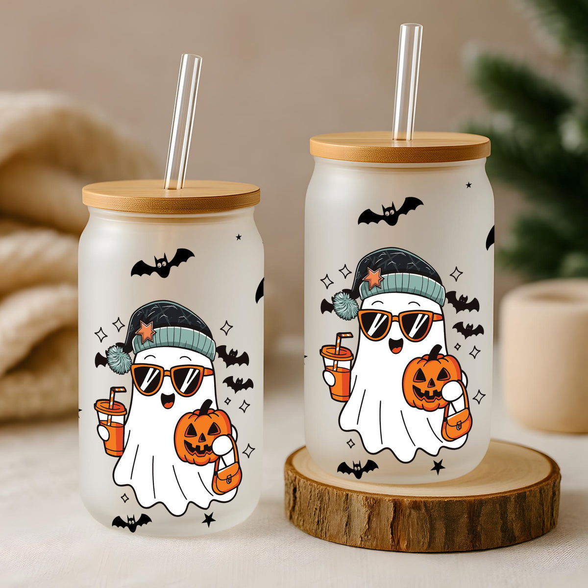 Preppy Halloween Ghost Design Can Glass Tumbler, Cute Spooky Season Gift For Her