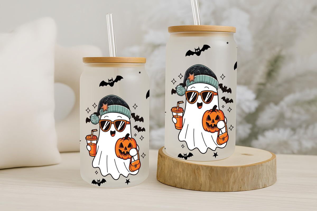 Preppy Halloween Ghost Design Can Glass Tumbler, Cute Spooky Season Gift For Her